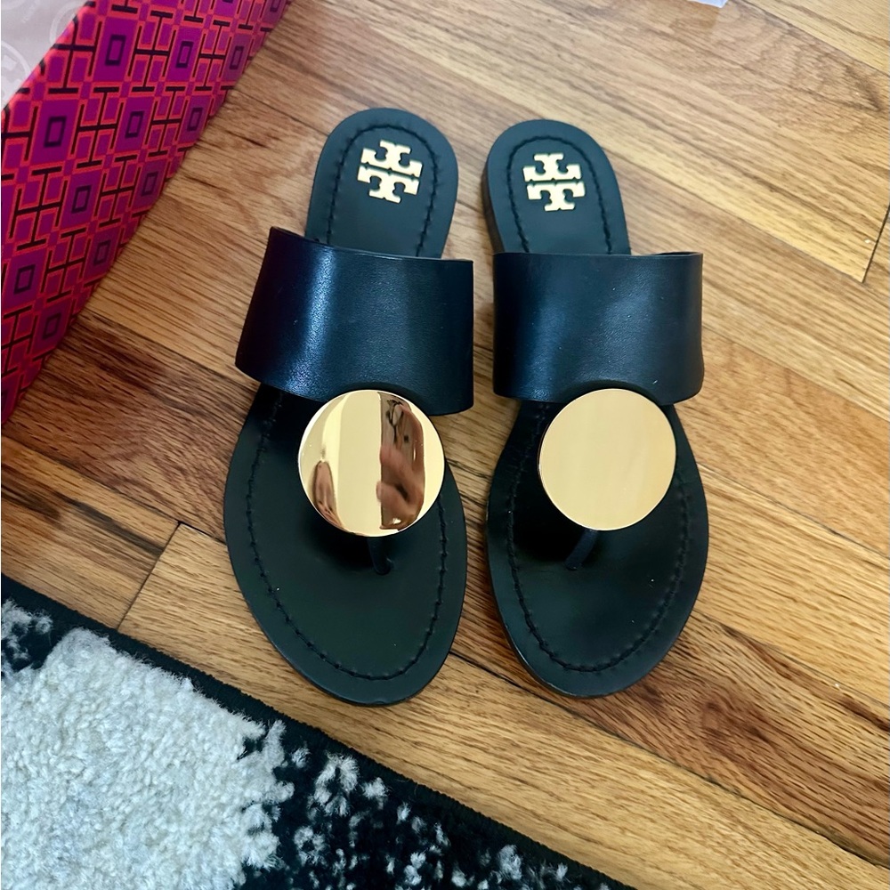 Tory Burch Black and Gold Patos Disk Sandals